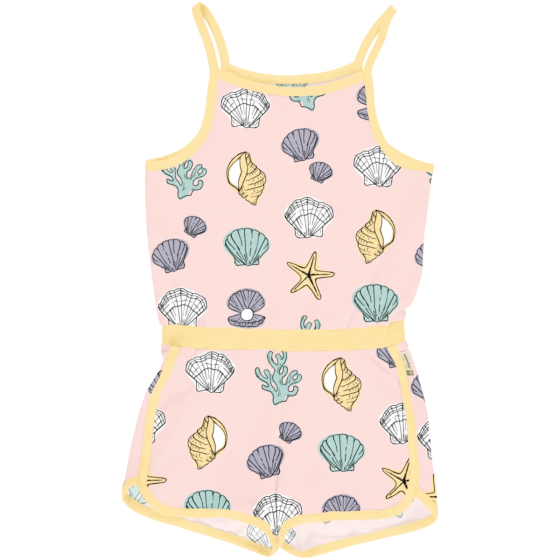 Meyadey Salty Shell Organic Short Jumpsuit. A light pink base with repeated small colourful shells, starfish and seaweed (front and side views), with contrasting light yellow piping. Picture on a white background