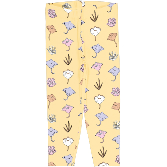 Meyadey Salty Stingray Organic Cropped Leggings A light yellow base with repeated small colourful stingrays, coral and seaweed (front and side views). Picture on a white background