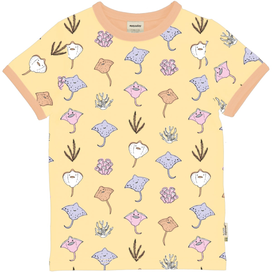 Meyadey Salty Stingray Organic Short Sleeved Top T-shirt. A light yellow base with repeated small colourful stingrays, coral and seaweed (front and side views), with contrasting light peach piping. Picture on a white background
