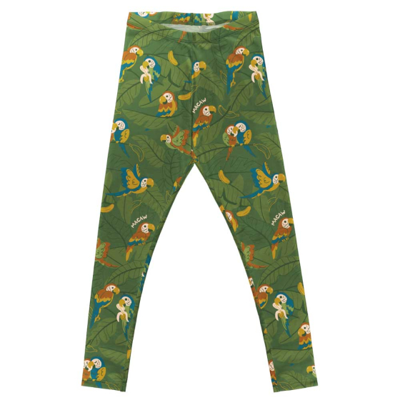 Meyadey Marvellous Macaw organic leggings for adults, in rich green with macaw and leaves repeat print.