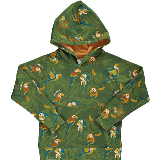 Meyadey Marvellous Macaw organic hoodie for adults, in rich green with macaw and leaves repeat print