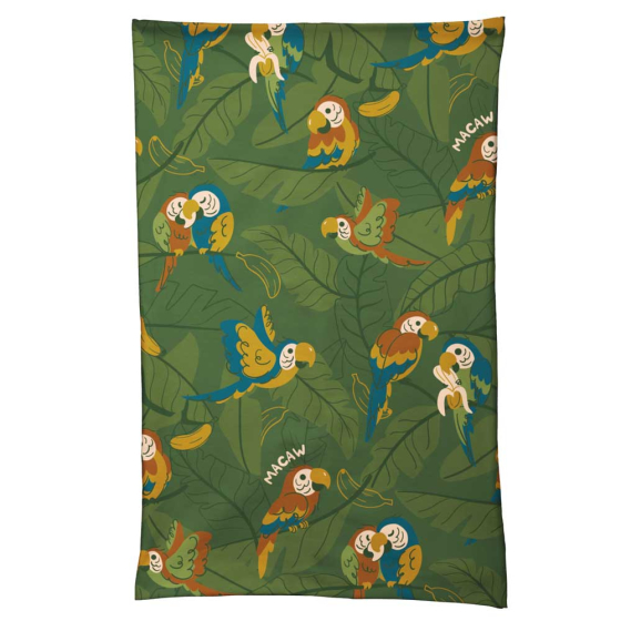 Meyadey Marvellous Macaw organic tube scarf for adults, in rich green with macaw and leaves repeat print.
