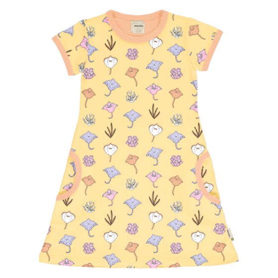 Meyadey childrens organic cotton short sleeve dress in the salty stingray print on a white background