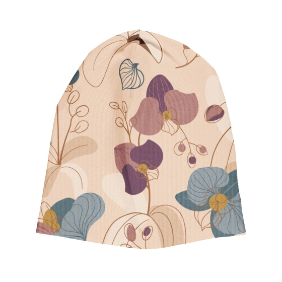 Meyadey kid's organic cotton beanie hat in the Tropical Orchid print on a white background