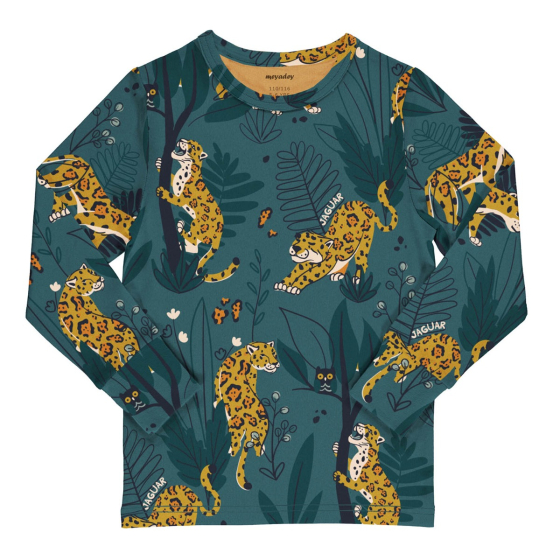 Meyadey kid's organic cotton long sleeve top in the Jaguar Journey print on a white background