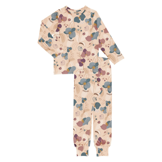Meyadey kid's organic cotton long sleeve pyjamas in the Tropical Orchid print on a white background