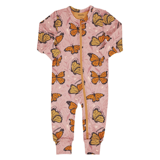 Meyadey kid's organic cotton rompersuit in the Monarch Majesty print on a white background