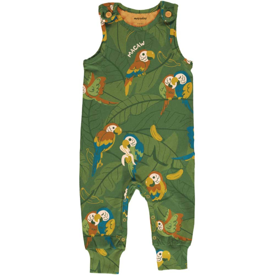 meyadey Marvellous Macaw, organic, dungarees in rich green with macaw and leaves repeat print.