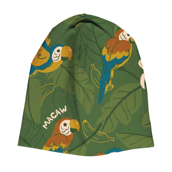 Meyadey Marvellous Macaw cosy organic hat in rich green with macaw and leaves repeat print.