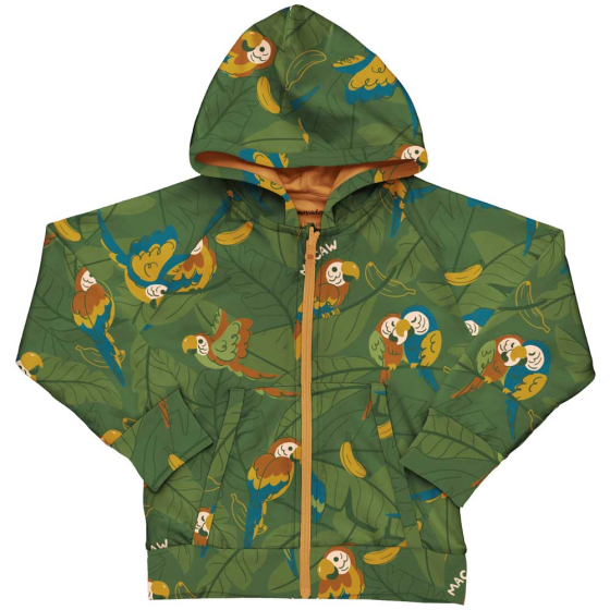 Meyadey Marvellous Macaw, organic, zipped hoodie in rich green with macaw and leaves repeat print. White background