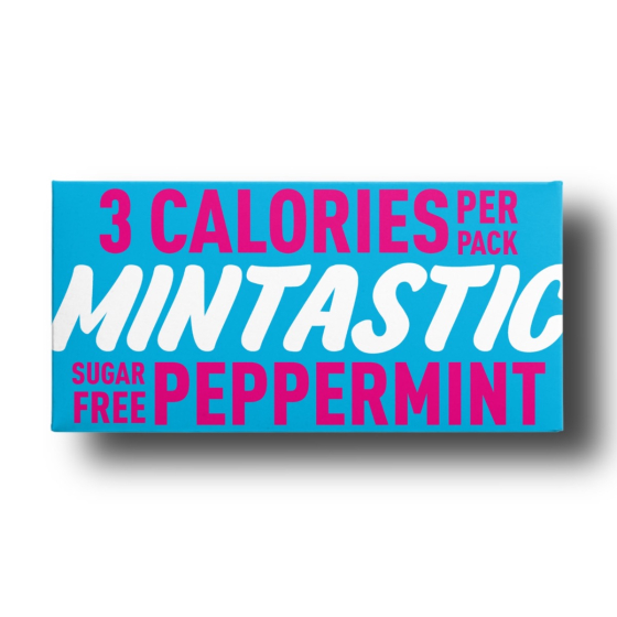Mintastic sugar free, vegan mints, peppermint flavour in bright blue packaging with bright pink and white writing. On a white background
