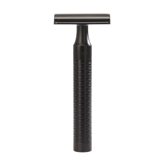 Muhle jet black Rocca stainless steel safety razor on a white background