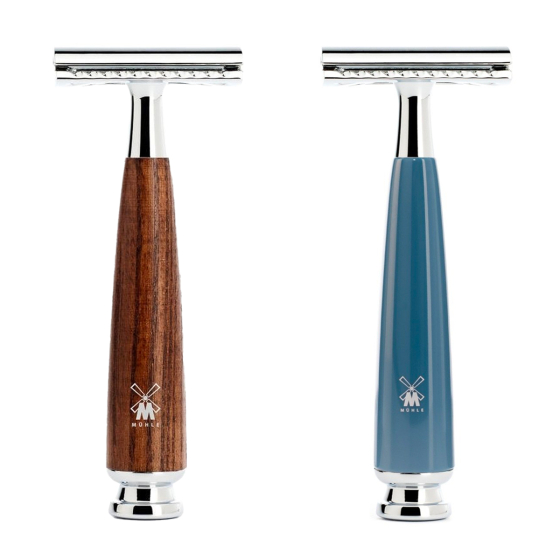 Muhle stainless steel Rytmo safety razors with the wooden and petrol blue handles on a white background