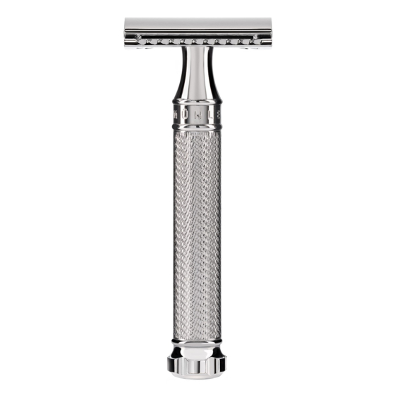 Muhle stainless steel traditional twist safety razor on a white background