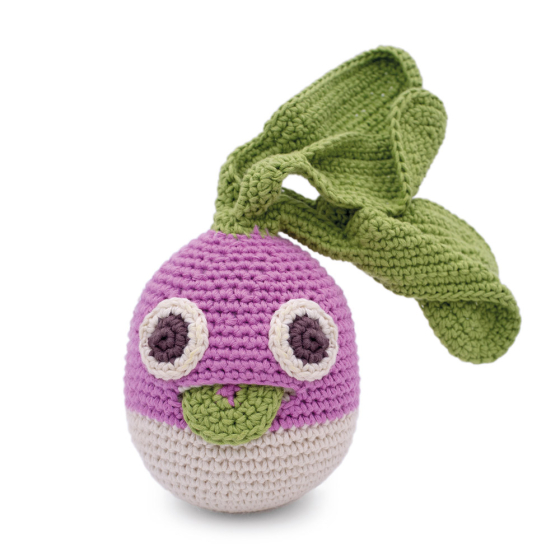 Myum eco-friendly oliver turnip crochet soft toy on a white background