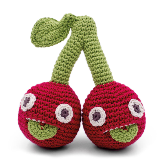 Front of the Myum handmade crochet cherry sisters rattle toy on a white background