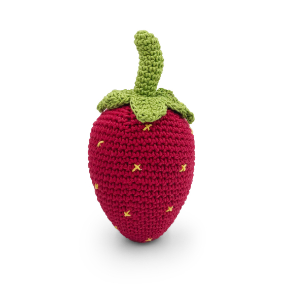 Myum eco-friendly organic cotton crochet strawberry rattle toy stood on a white background
