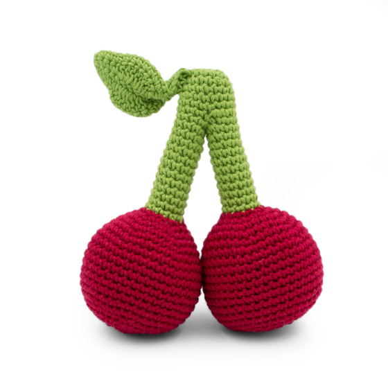 Myum eco-friendly soft crochet rattling cherry toy on a white background