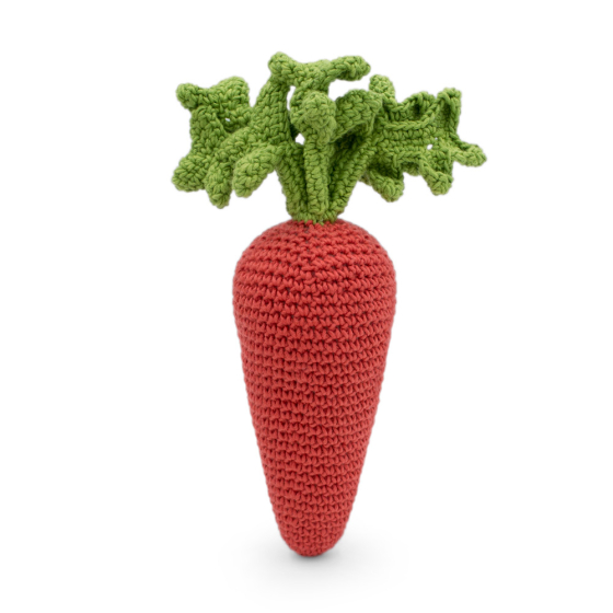 Myum handmade crochet carrot rattle soft toy stood up on a white background