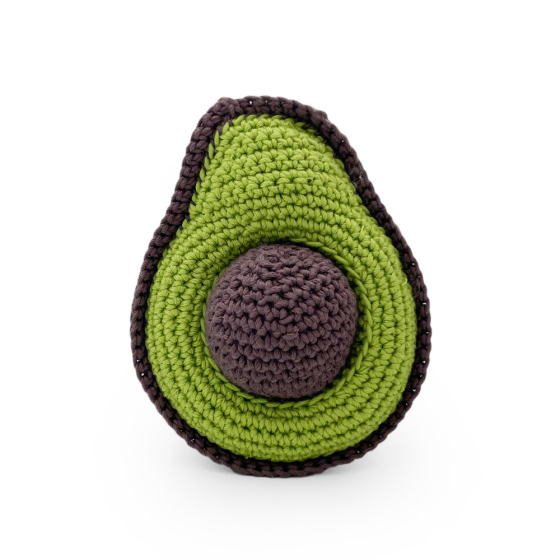Myum handmade cotton crochet avocado rattle toy on a white background