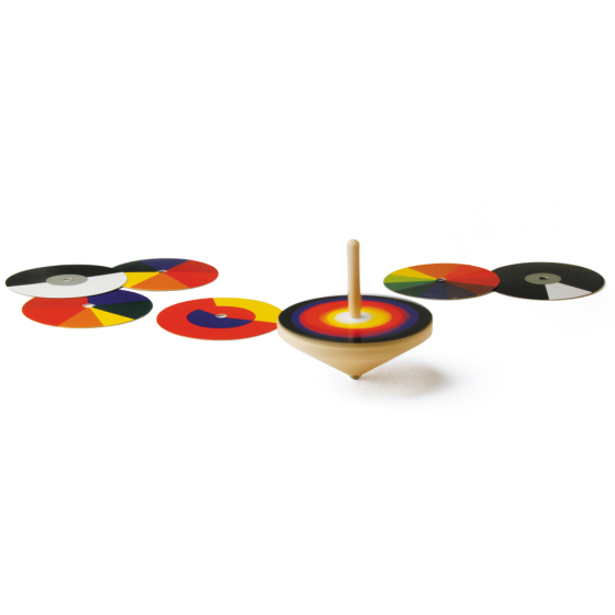 Naef eco-friendly bauhaus optical mixer spinning colour toy set laid out on a white background