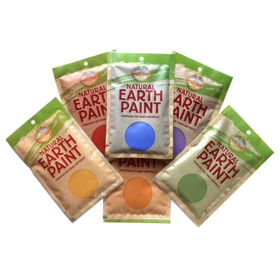 Natural Earth eco-friendly children's water-based paint packets laid out on a white background