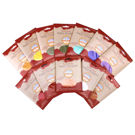 Natural Earth eco-friendly earth and mineral coloured paint pigment packets laid out in a fan shape on a white background