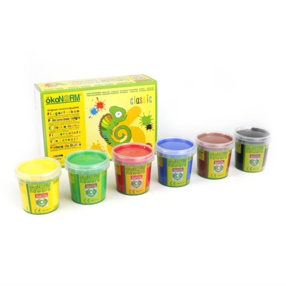 OkoNorm eco-friendly childrens 6 classic finger paint pots lined up in front of their box on a white background