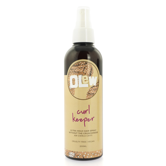 Olew natural hair curl keeper spray bottle on a white background