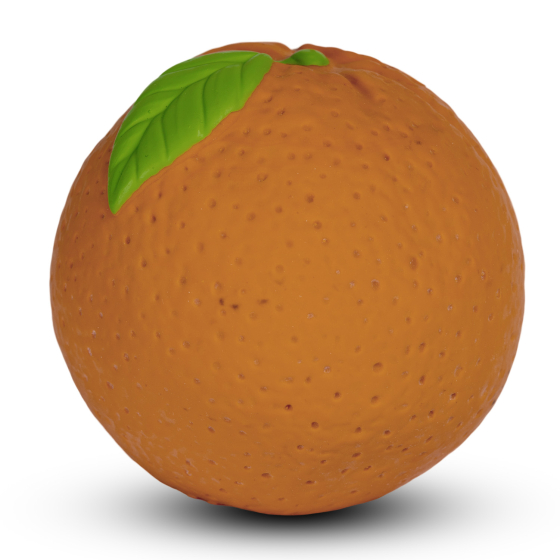 Oli & Carol 100% Natural Rubber Baby Sensory Ball - Orange fruit on a white background