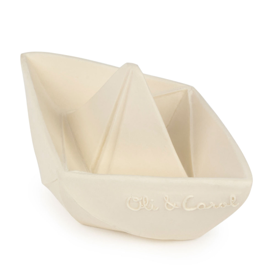 Oli & Carol White natural rubber Origami Boat bath toy pictured on a plain white background