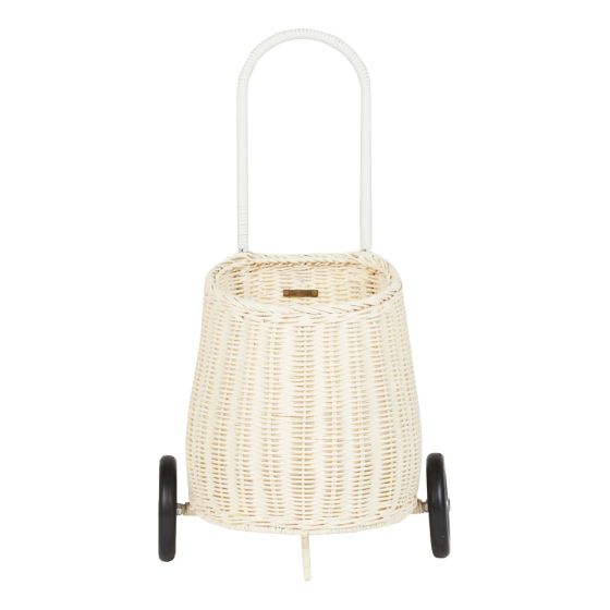 Front of the childrens Olli Ella chalk woven wicker luggy on a white background