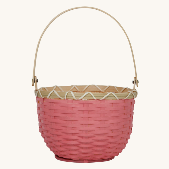 Olli Ella Small raspberry pink Blossom Basket with handle up pictured on a plain background