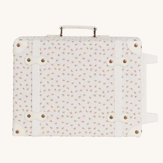 Olli Ella See-Ya Suitcase with a Leafed Mushroom print on it's side pictured on a plain background