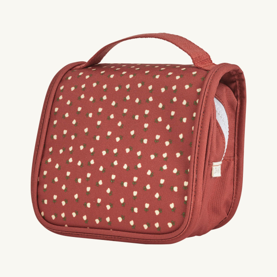 Olli Ella See-Ya Washbag in Sweethear Red design with small white flowers on a red fabric background, white zipper and handle on top
