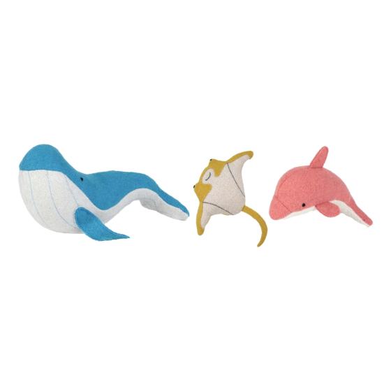 Olli Ella Holdie Folk Ocean Animals, laid side by side, from left to right; Whale, Stingray and Dolphin. On white background