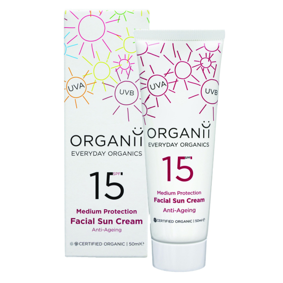 Organii SPF15 Mineral Anti Ageing Faceal Sun Cream 50ml tube, on a white background