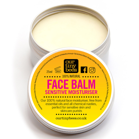 Our Tiny Bees Beeswax Face Balm for sensitive skin in tin on white background