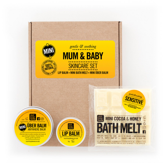 Our Tiny Bees Mini mum & baby Skincare Gift Set with skin balm, lip balm, and bath melts
