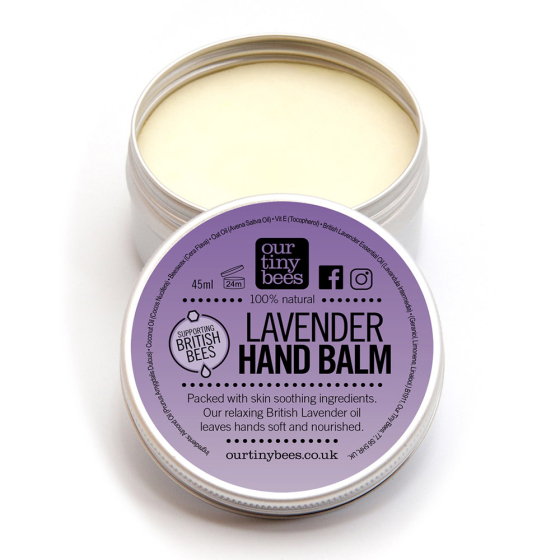 Our Tiny Bees Beeswax Lavender Hand Balm in tin on white background