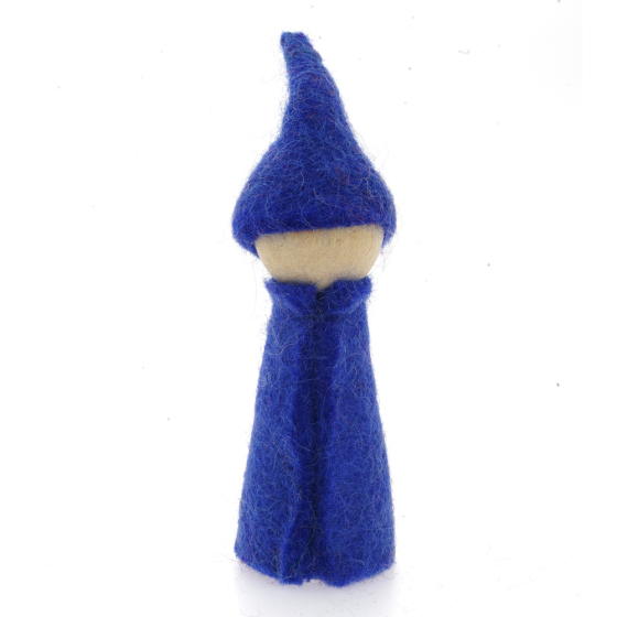 Papoose handmade felt rainbow gnome figure in blue on a white background