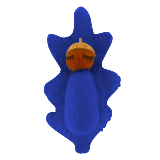 Papoose eco-friendly rainbow acorn baby figure in blue on a white background