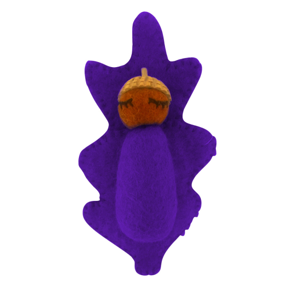 Papoose eco-friendly rainbow acorn baby figure in purple on a white background