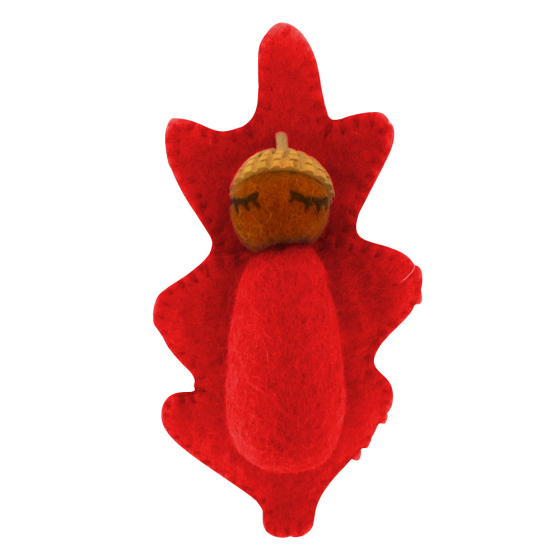 Papoose eco-friendly rainbow acorn baby figure in red on a white background