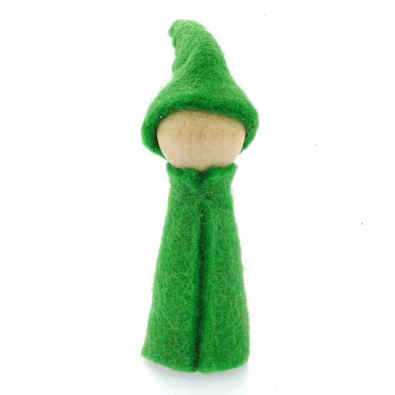 Papoose handmade felt rainbow gnome figure in green on a white background