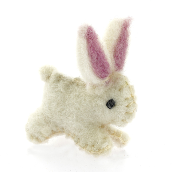 Papoose handmade felt baby bunny figure on a white background