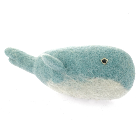 Papoose handmade felt whale toy figure on a white background
