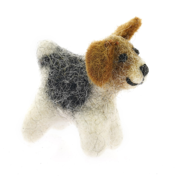 Papoose handmade felt dog toy figure on a white background