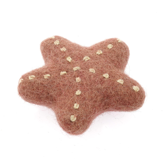 Papoose handmade small red felt starfish figure on a white background