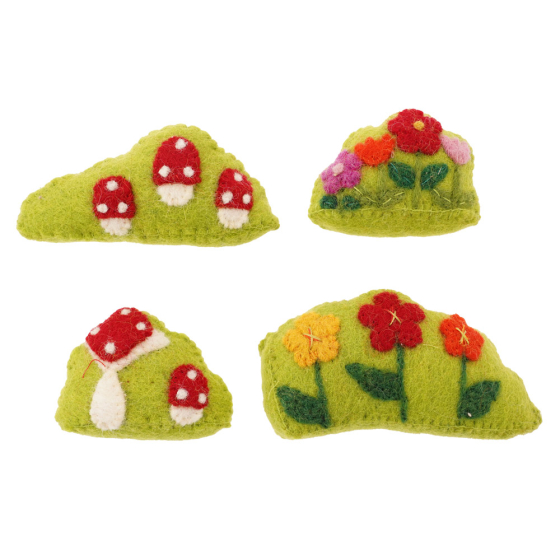 Papoose handmade felt mushroom and flower toy bushes on a white background
